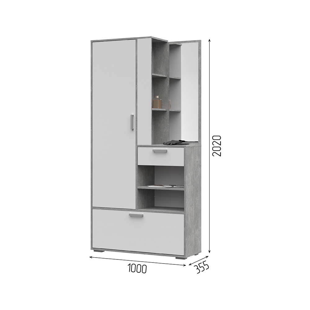 Прихожая ДЕНВЕР (1000х1950х354)Фасад БЕЛЫЙ/Корпус АТЕЛЬЕ СВЕТЛОЕ
