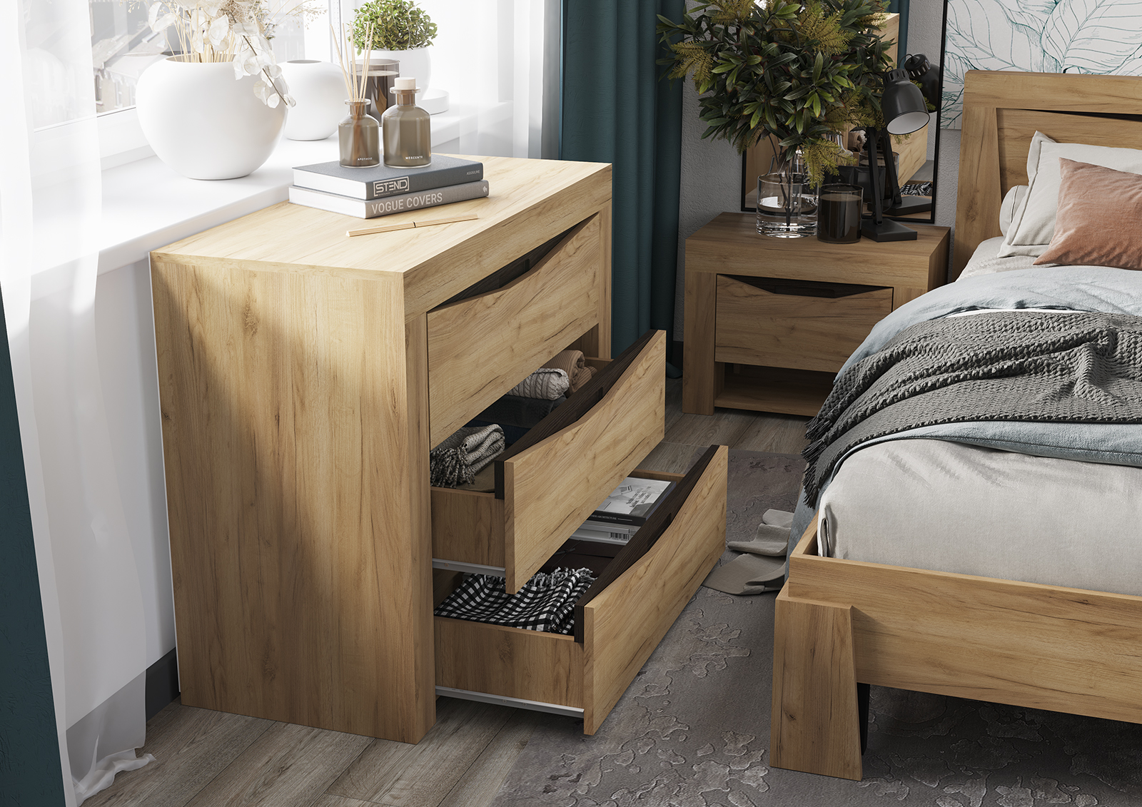 Спальня ПАОЛА КМ 701 (1008х860х436 мм) МДФ ВЕНГЕ/ДУБ КРАФТ ЗОЛОТО