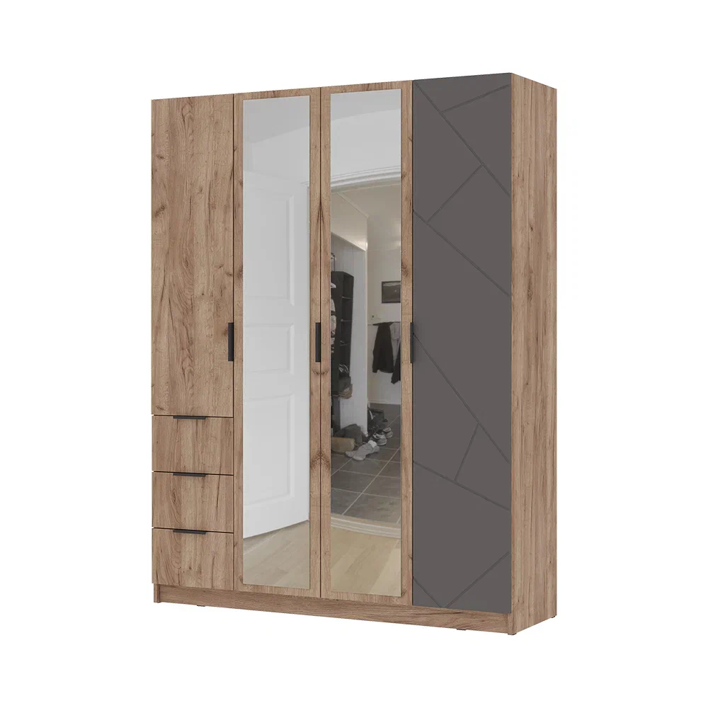 ОРЕГОН ШК 04 Шкаф 4х-створчатый (1600х2100х500)Фасад МДФ АСФАЛЬТ СУПЕРМАТ,ДУБ КРАФТ ТАБАЧНЫЙ/Корпус 