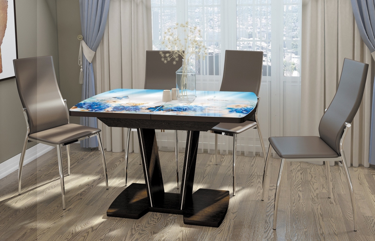 Стол "ВЕКТОР 1,45" раздвижной фотопечать СТЕКЛО ОПТИВАЙТ ГЛЯНЕЦ (1,1*1,45*0,7) опора тумба V-образна