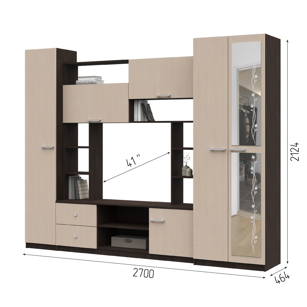 Гостиная МАРТА-М (2,7х2,124х0,468/ТВ 0,936х0,812) фасад БЕЛФОРТ/корпус ВЕНГЕ