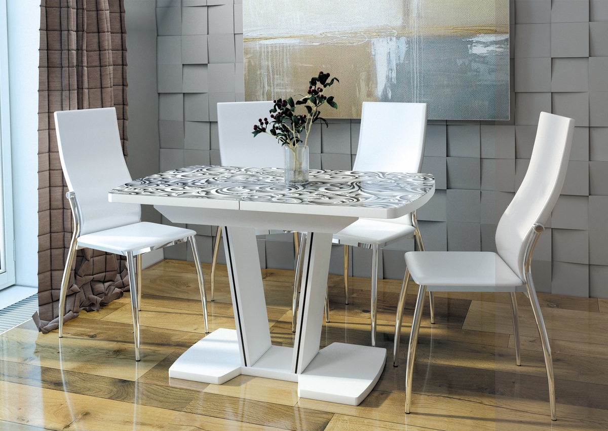 Стол "ВЕКТОР 1,45" раздвижной фотопечать СТЕКЛО ОПТИВАЙТ ГЛЯНЕЦ (1,1*1,45*0,7) опора тумба V-образна