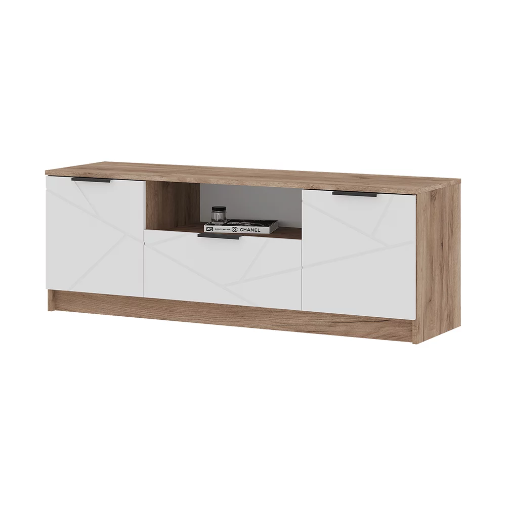 ОРЕГОН ТВ 01 Тумба под ТВ (1400х500х400)Фасад МДФ БЕЛЫЙ СУПЕРМАТ/Корпус ДУБ КРАФТ ТАБАЧНЫЙ