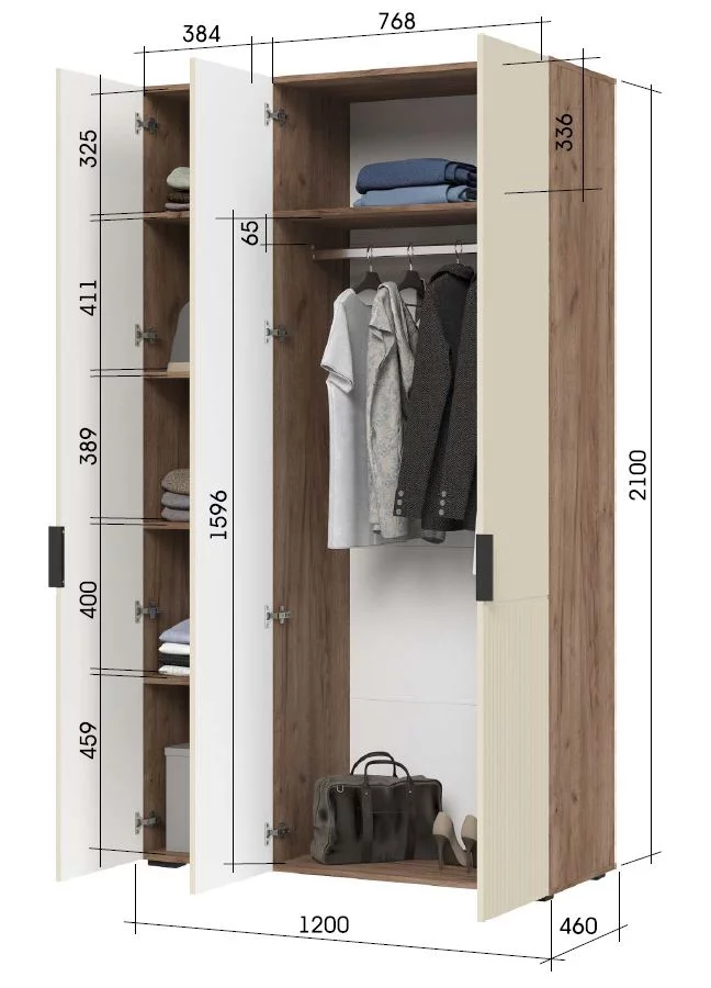 СОНАТА ШК 03 Шкаф 3-х створчатый  (1200х2100х460)Фасад МДФ МОНО КЕРАМИКА/Корпус ДУБ КРАФТ ТАБАЧНЫЙ