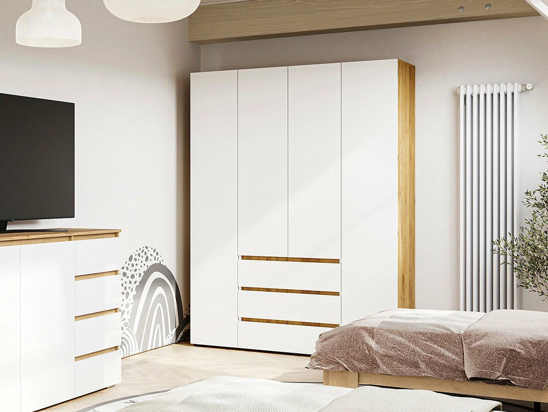 ХЕЛЕН ШК 05 Шкаф четырехстворчатый с ящиками (1600х2080х460) Фасад БЕЛЫЙ/Корпус ДУБ КРАФТ ЗОЛОТО