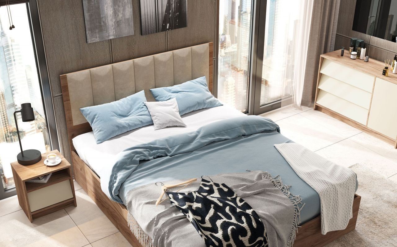 РЕЙН КР 02 Кровать 1.6х2.0 (1640х1110х2052)Велюр БЕЖЕВЫЙ/Корпус ДУБ КРАФТ ТАБАЧНЫЙ