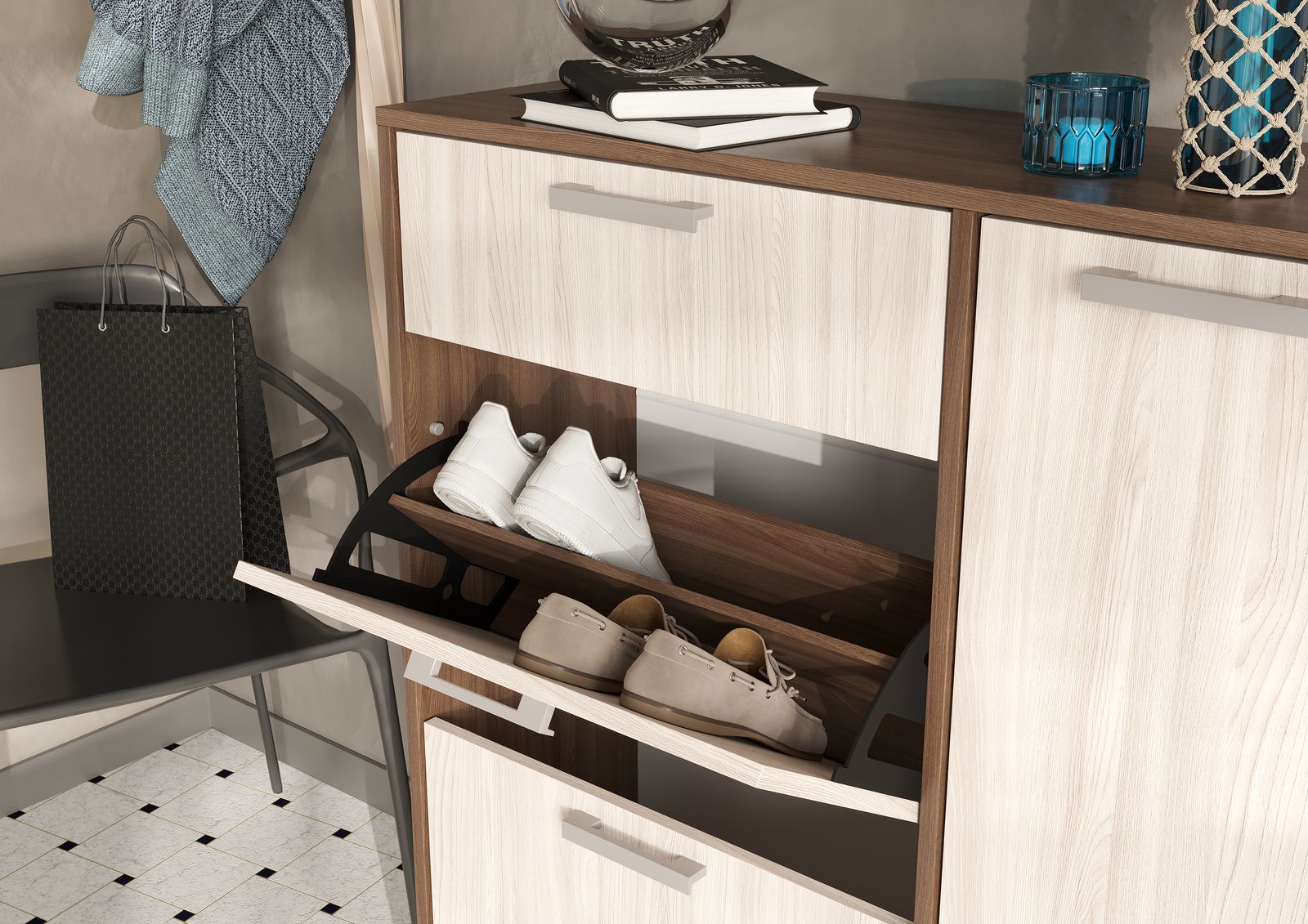 ДЕЛИ обувница №4 (0,96х1,02х0,33) фасад ШИМО СВЕТЛ/корпус ШИМО ТЕМН