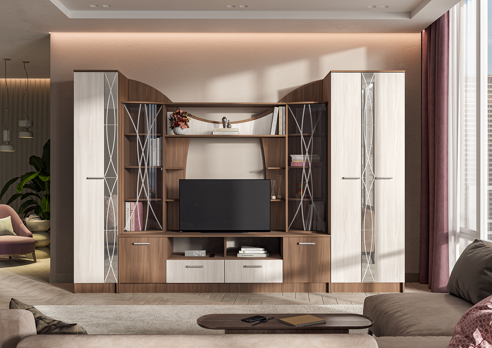 Гостиная ОЛЬБИЯ шкаф (0,7х2,1х0,542) фасад ШИМО СВЕТЛ/корпус ШИМО ТЕМН