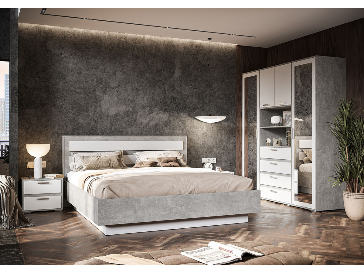 ДЕНВЕР КР 03 Кровать 1,8х2,0  (1872х990х2100) Фасад БЕЛЫЙ/Корпус АТЕЛЬЕ СВЕТЛЫЙ