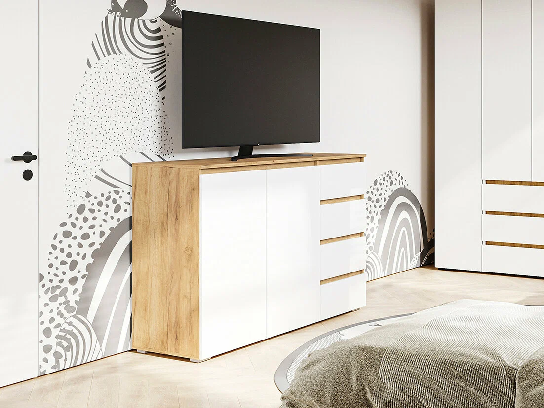 ХЕЛЕН КМ 06 Комод 4 ящика (1502х958х460) Фасад БЕЛЫЙ/Корпус ДУБ КРАФТ ЗОЛОТО