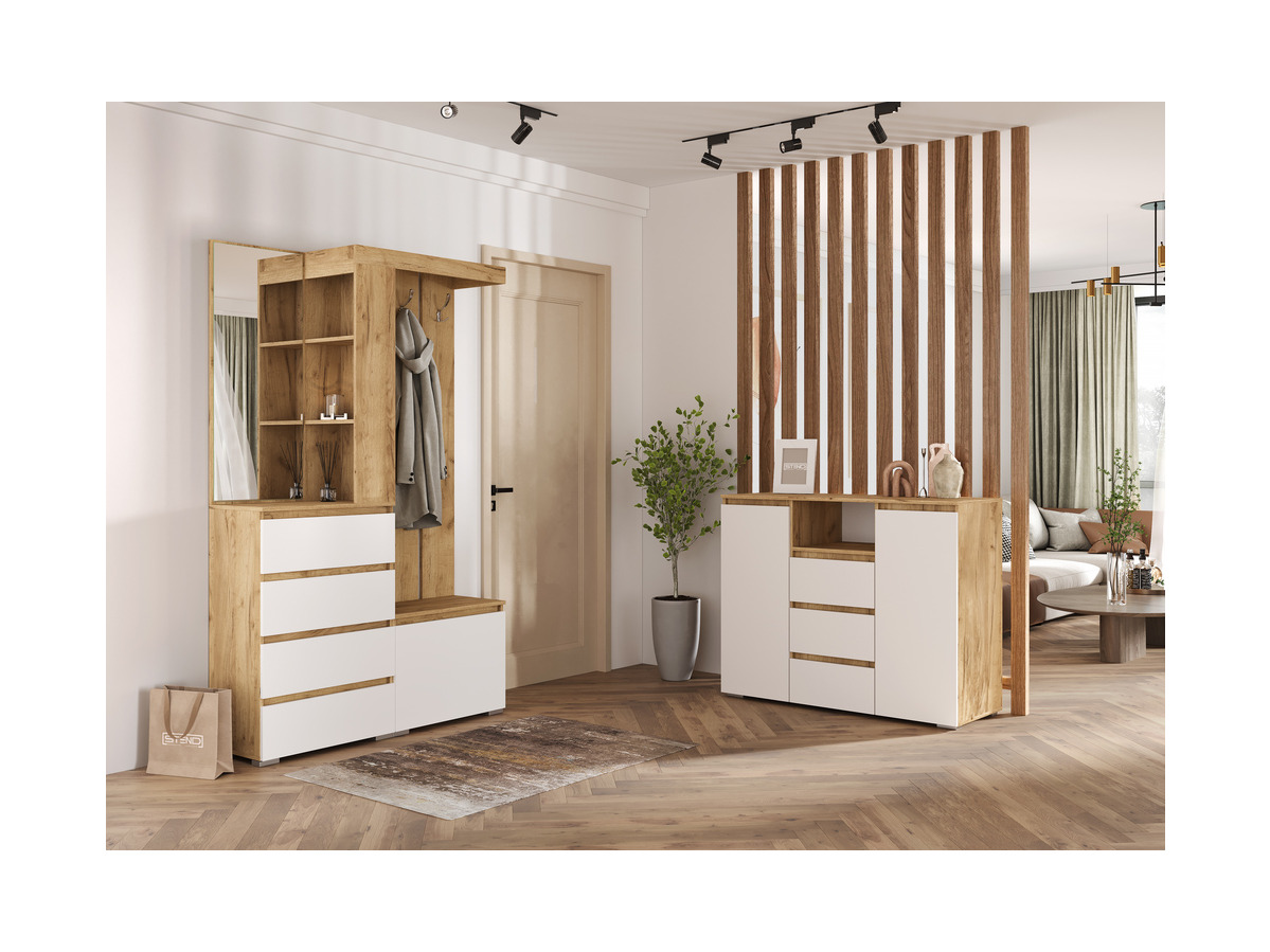 ХЕЛЕН ПР-01 Прихожая (1,260х1,980х0,353) ФАСАД БЕЛЫЙ/ КОРПУС ДУБ КРАФТ ЗОЛОТО