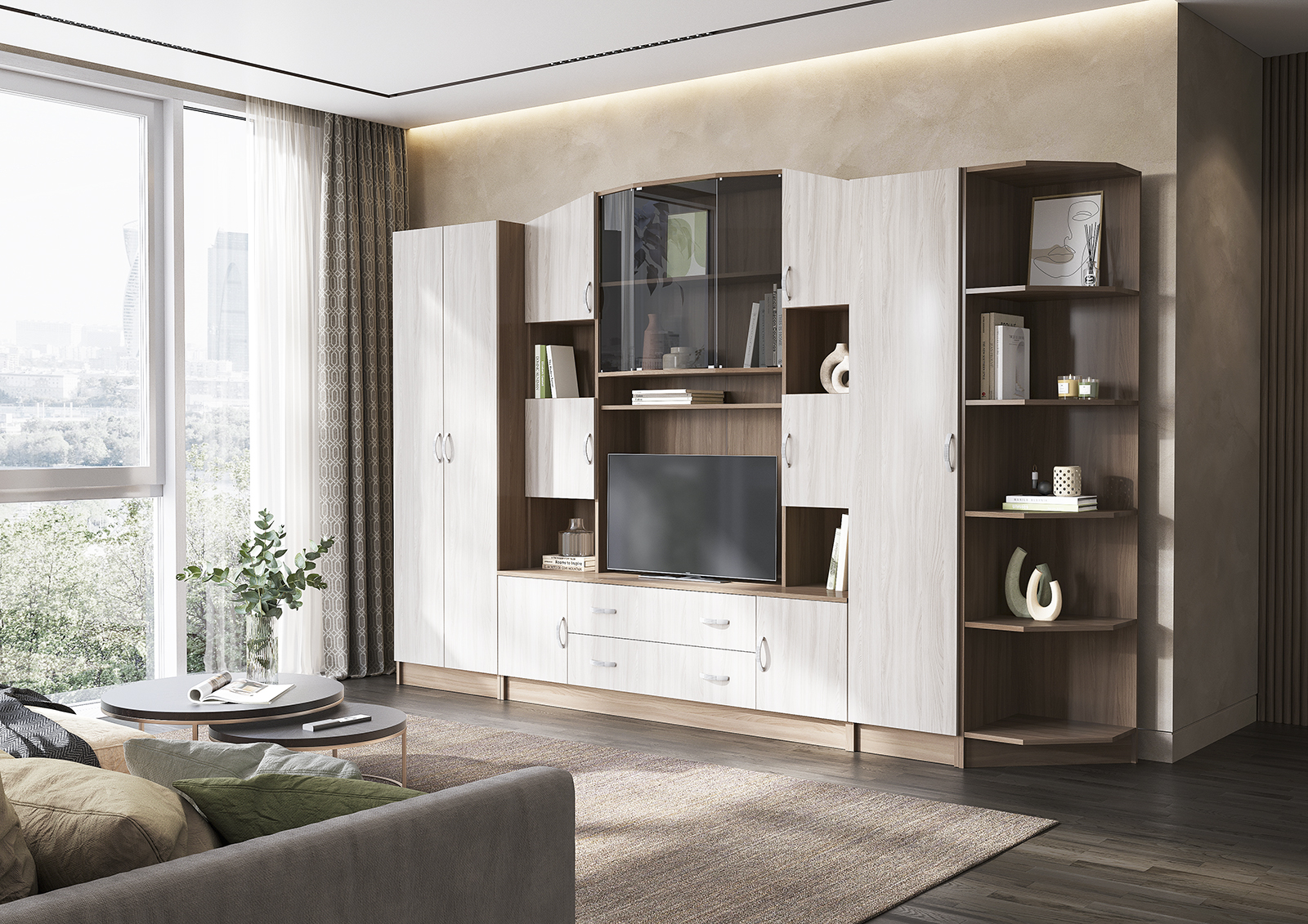 Гостиная МАКАРЕНА ЛДСП ПН 301 пенал (0,4х1,908х0,44) фасад ШИМО СВЕТЛ/корпус ШИМО ТЕМН