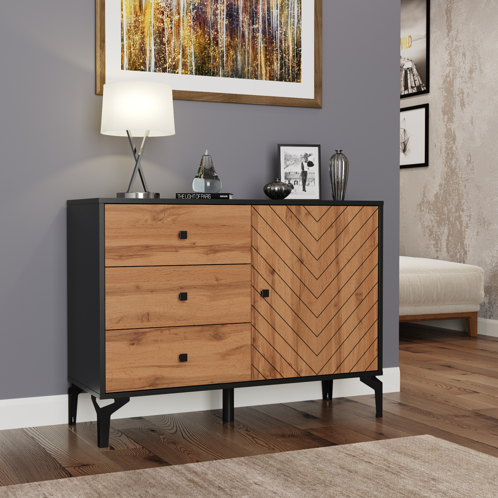 Комод 59.02 "Лофт" (черный / дуб бунратти светлый)