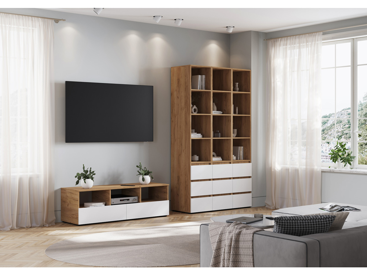 ХЕЛЕН ТБ 02 Тумба ТВ (1,402х0,442х0,460)ФАСАД БЕЛЫЙ/КОРПУС ДУБ КРАФТ ЗОЛОТО