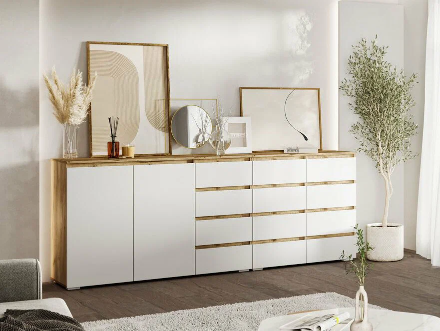 ХЕЛЕН КМ 04 Комод 8 ящиков (1002х958х460) ФАСАД БЕЛЫЙ/КОРПУС ДУБ КРАФТ ЗОЛОТОЙ