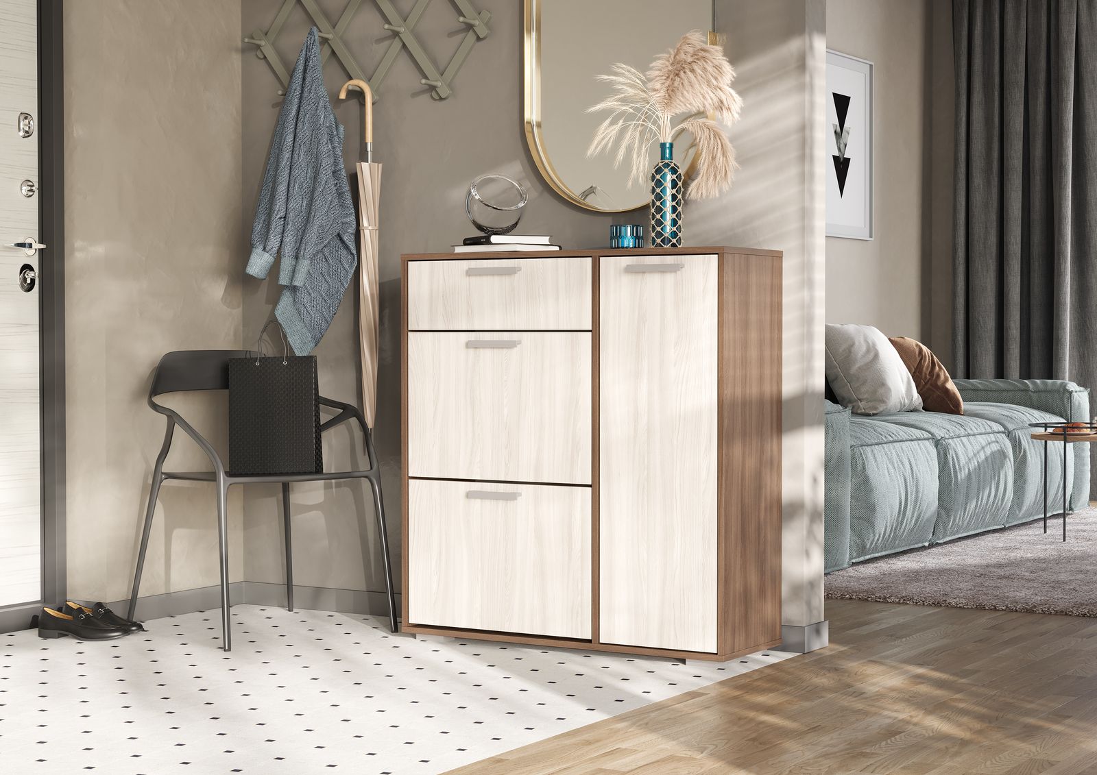 ДЕЛИ обувница №4 (0,96х1,02х0,33) фасад ШИМО СВЕТЛ/корпус ШИМО ТЕМН