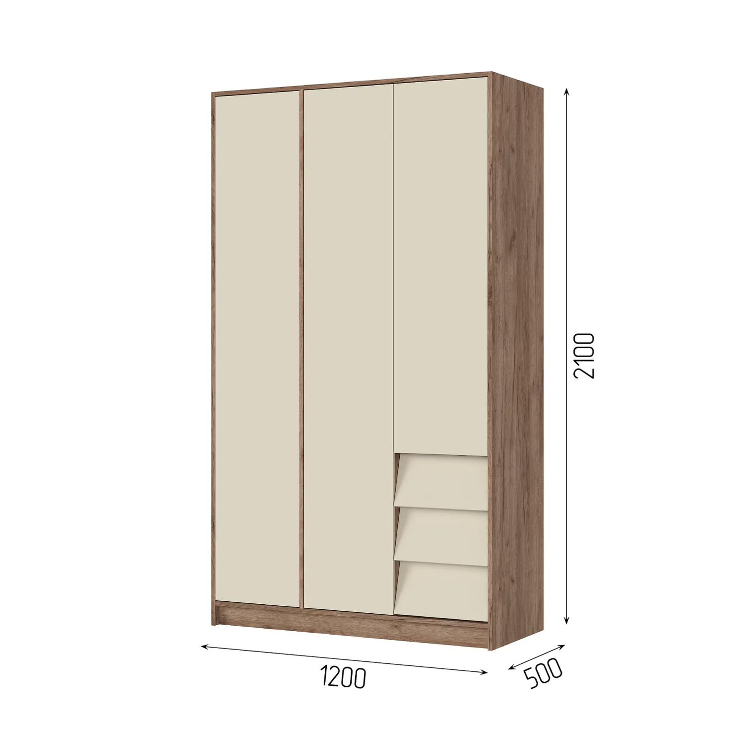 РЕЙН ШК 02 Шкаф 3-х створчатый (1200х2100х500)Фасад КАШЕМИР/Корпус ДУБ КРАФТ ТАБАЧНЫЙ