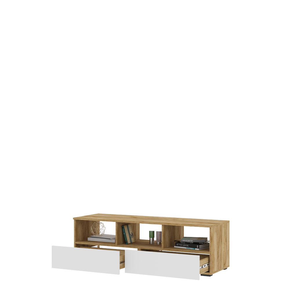 ХЕЛЕН ТБ 02 Тумба ТВ (1,402х0,442х0,460)ФАСАД БЕЛЫЙ/КОРПУС ДУБ КРАФТ ЗОЛОТО