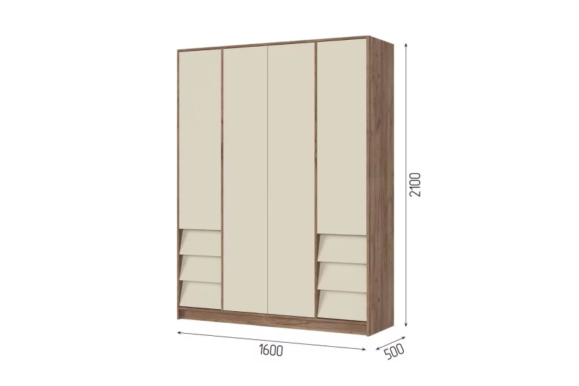 РЕЙН ШК 03 Шкаф 4-х створчатый (1600х2100х500)Фасад КАШЕМИР/Корпус ДУБ КРАФТ ТАБАЧНЫЙ