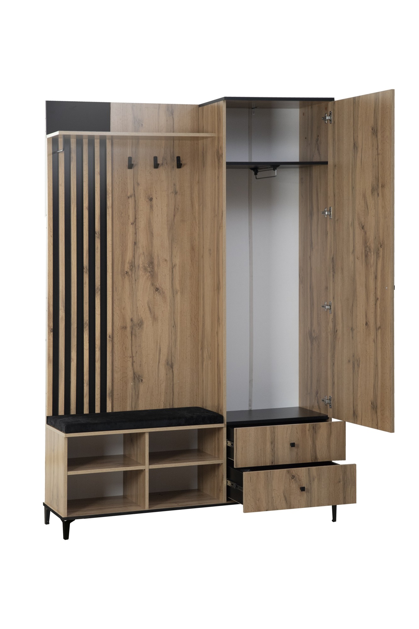 "Либерти" 51.22 Шкаф для прихожей (опора h=150) (дуб вотан / черный / велюр монако черный)