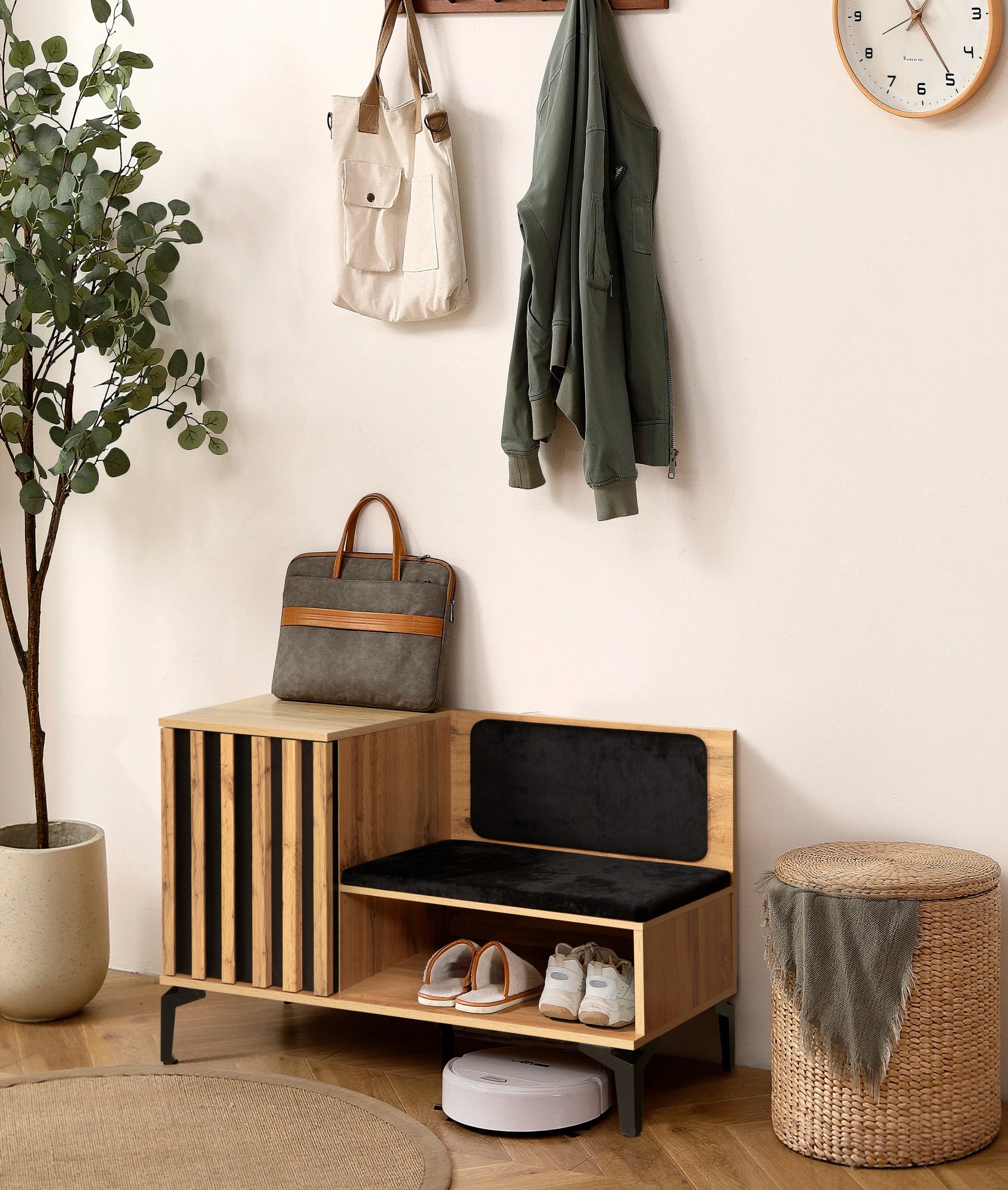 "Либерти" 51.23 Тумба под обувь (опора метал. h=150мм) (дуб вотан / черный / ткань велюр монако черн