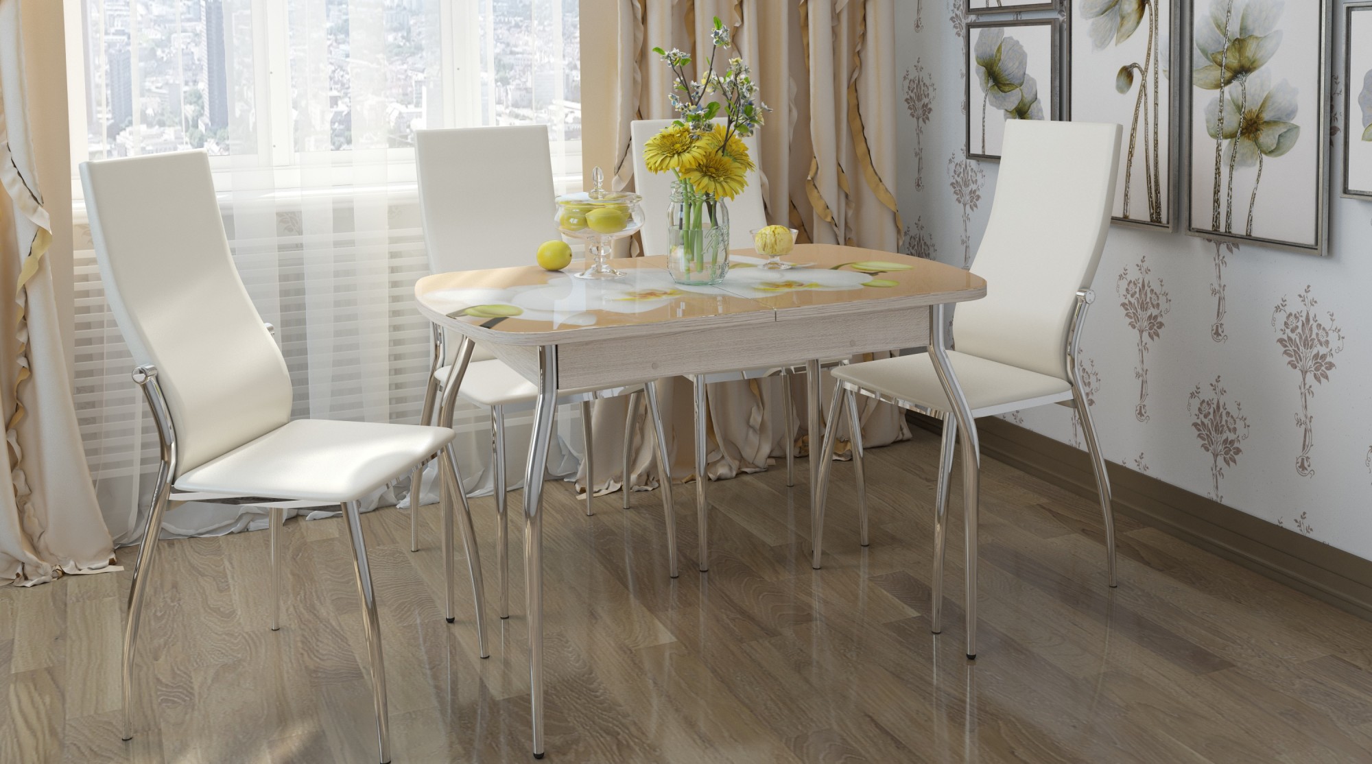 "Грация 1,45" Стол  раздв.(1,1*1,45*0,7) ДЕРЕВО (Белый) Опора изогнутая Стекло Опти Вайт Глянец